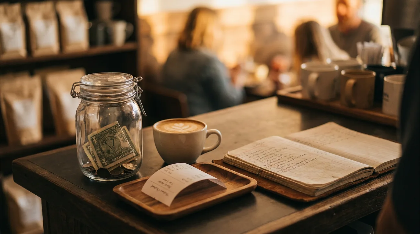 A warm cafe counter at golden hour with a tip jar of folded bills, a receipt, and a small ledger, orderly and inviting